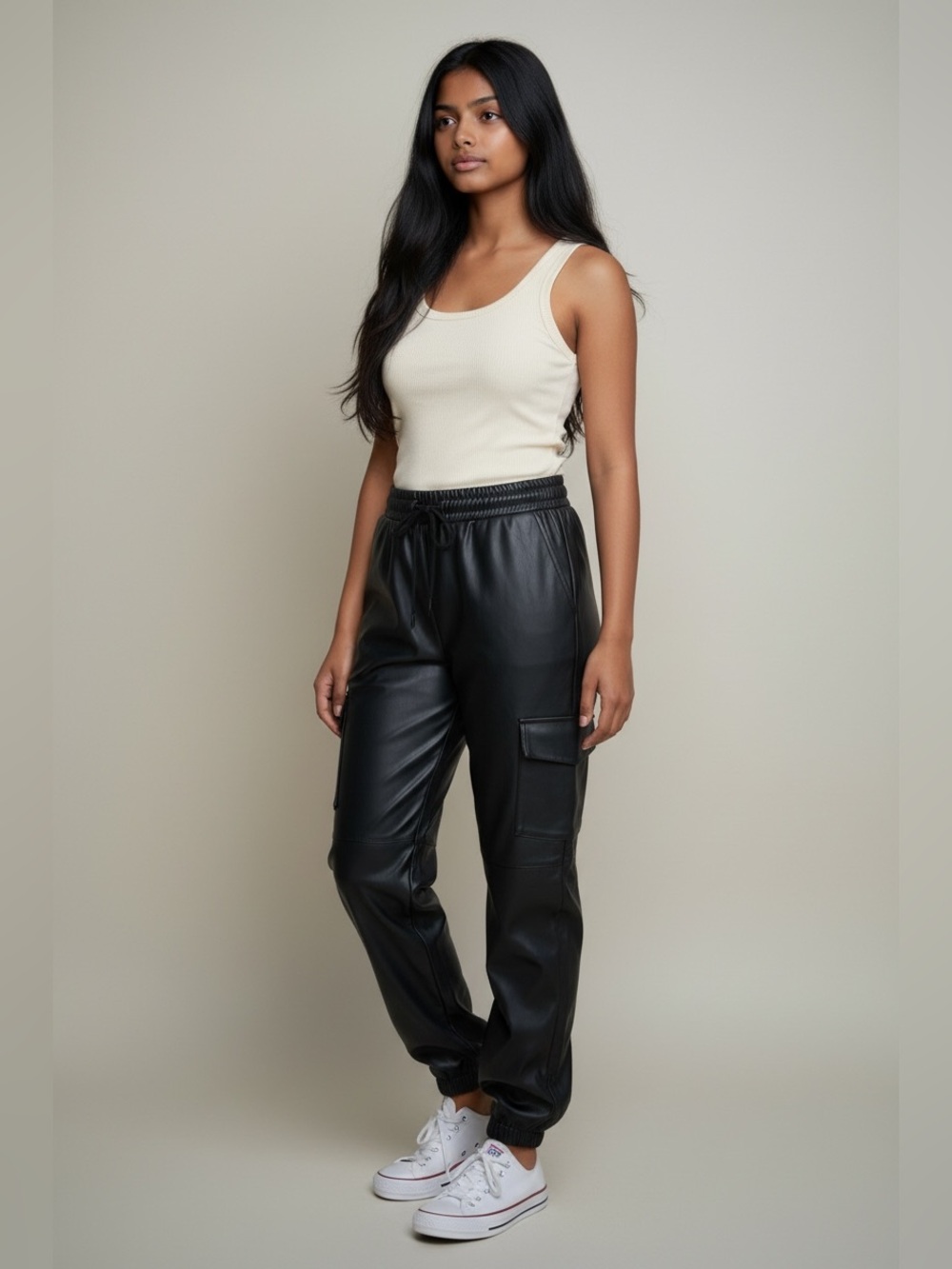 Lovers + Friends Black Faux Leather Cargo Joggers